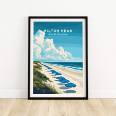 Hilton Head Wall Art Print showcasing a serene beach with umbrellas and the Atlantic Ocean in South Carolina.