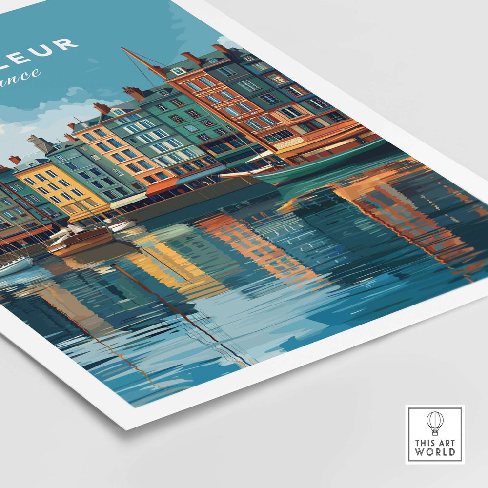 Honfleur art print showcasing colorful waterfront buildings reflecting in serene water, perfect for Normandy coastal decor.
