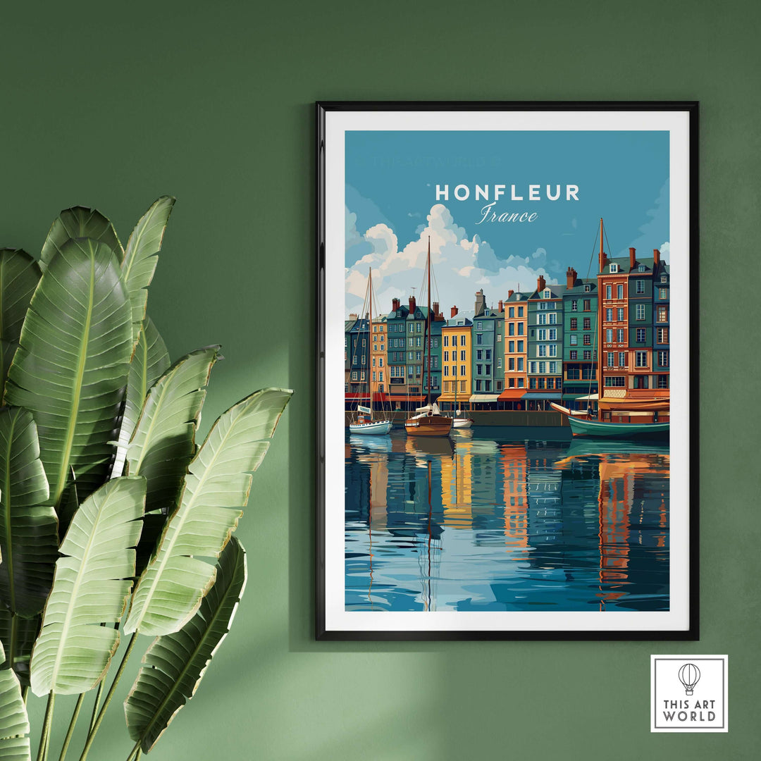 Honfleur art print featuring colorful waterfront buildings and sailboats, perfect for Normandy coastal decor.