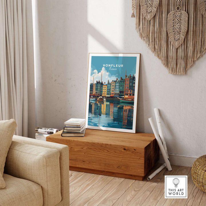 Honfleur art print showcasing the French harbor in a cozy living room with wooden decor.
