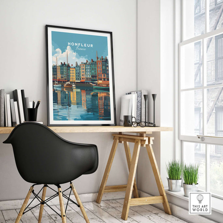 Honfleur art print in a modern home office, showcasing Normandy coastal decor and colorful harbor reflections.