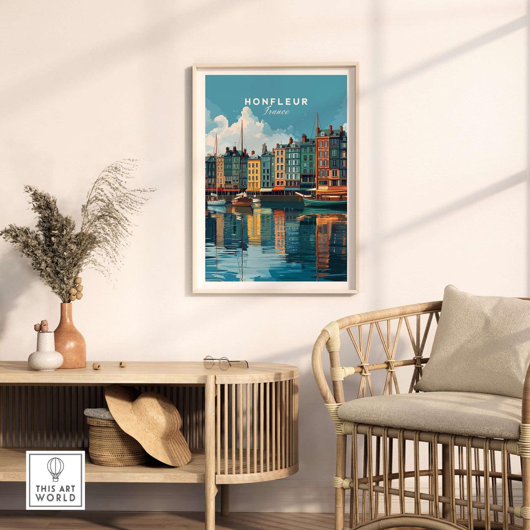 Honfleur art print showcasing colorful waterfront buildings in a stylish living room setting.