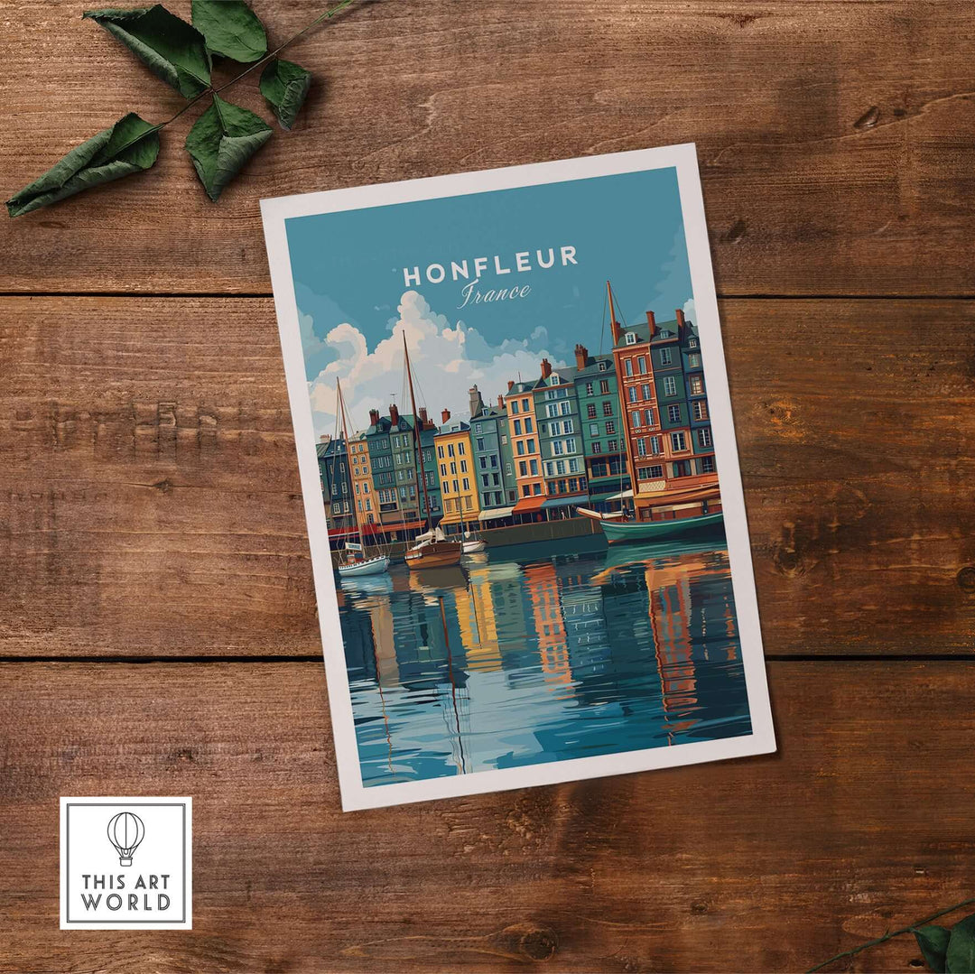 Honfleur art print showcasing a colorful French harbor with boats, reflecting on water, ideal for coastal home decor.