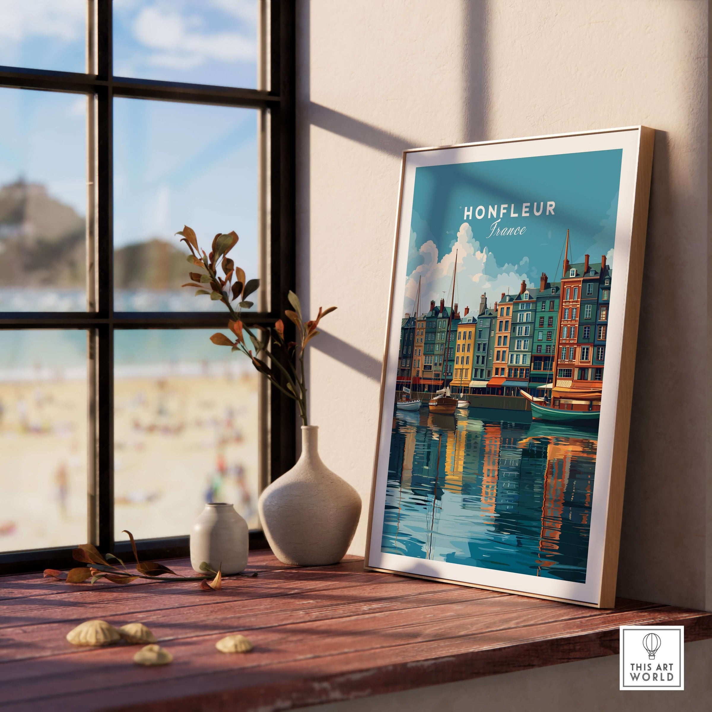 Honfleur Art Print - French Harbor Poster - Normandy Coastal Decor displayed in a sunlit room with a beach view.