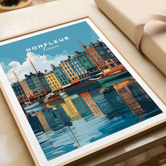 Honfleur Art Print - French Harbor Poster - Normandy Coastal Decor showcasing a colorful French harbor scene.