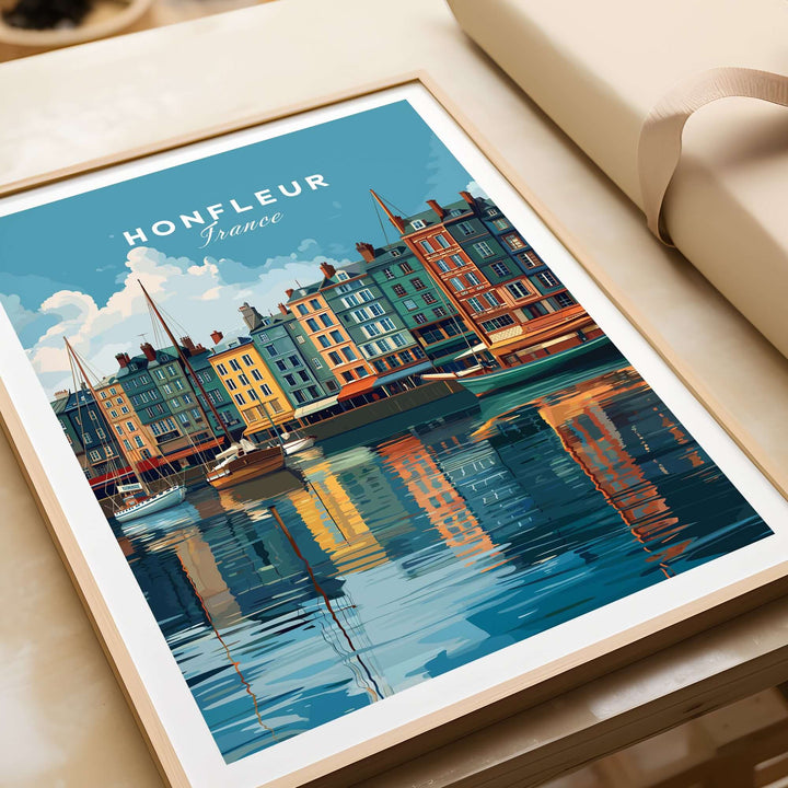 Honfleur art print featuring colorful waterfront buildings and boats, perfect for Normandy coastal decor.