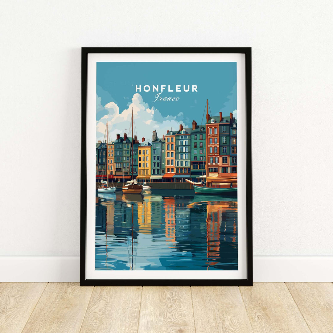 Honfleur art print featuring a colorful French harbor with boats, perfect for Normandy coastal decor.