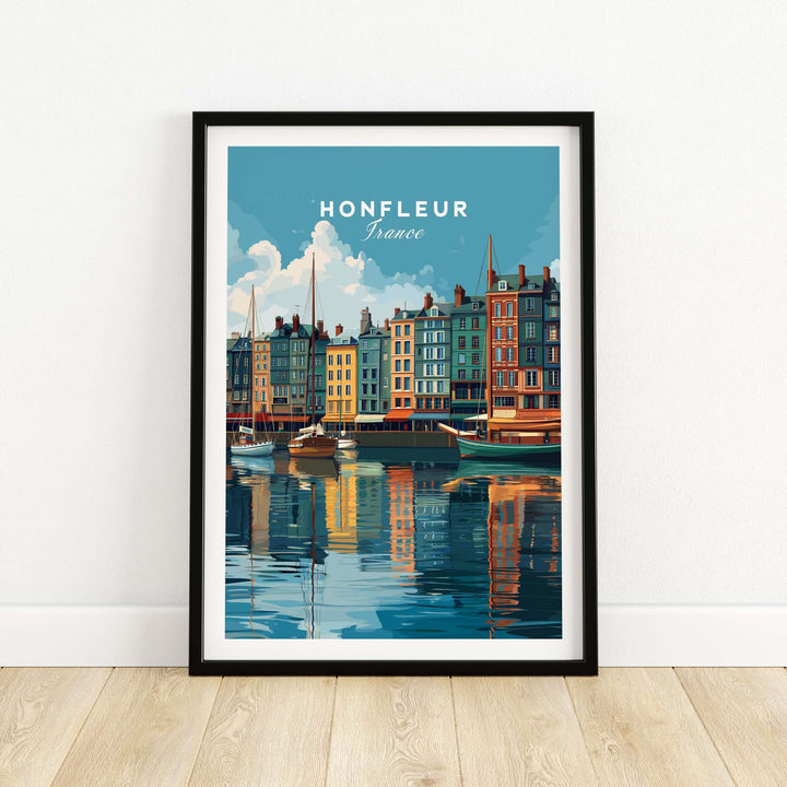 Honfleur art print featuring a colorful French harbor with boats, perfect for Normandy coastal decor.