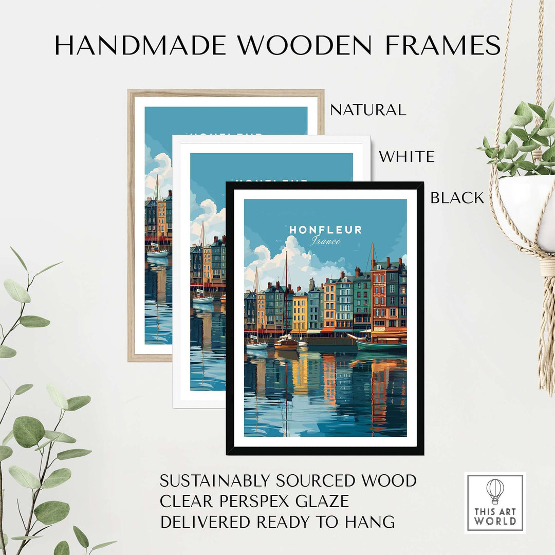 Handmade wooden frames for Honfleur art print in natural, white, and black colors, ready to hang decor.