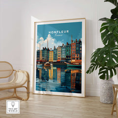 Honfleur Art Print - French Harbor Poster - Normandy Coastal Decor displayed in a stylish living room with greenery.