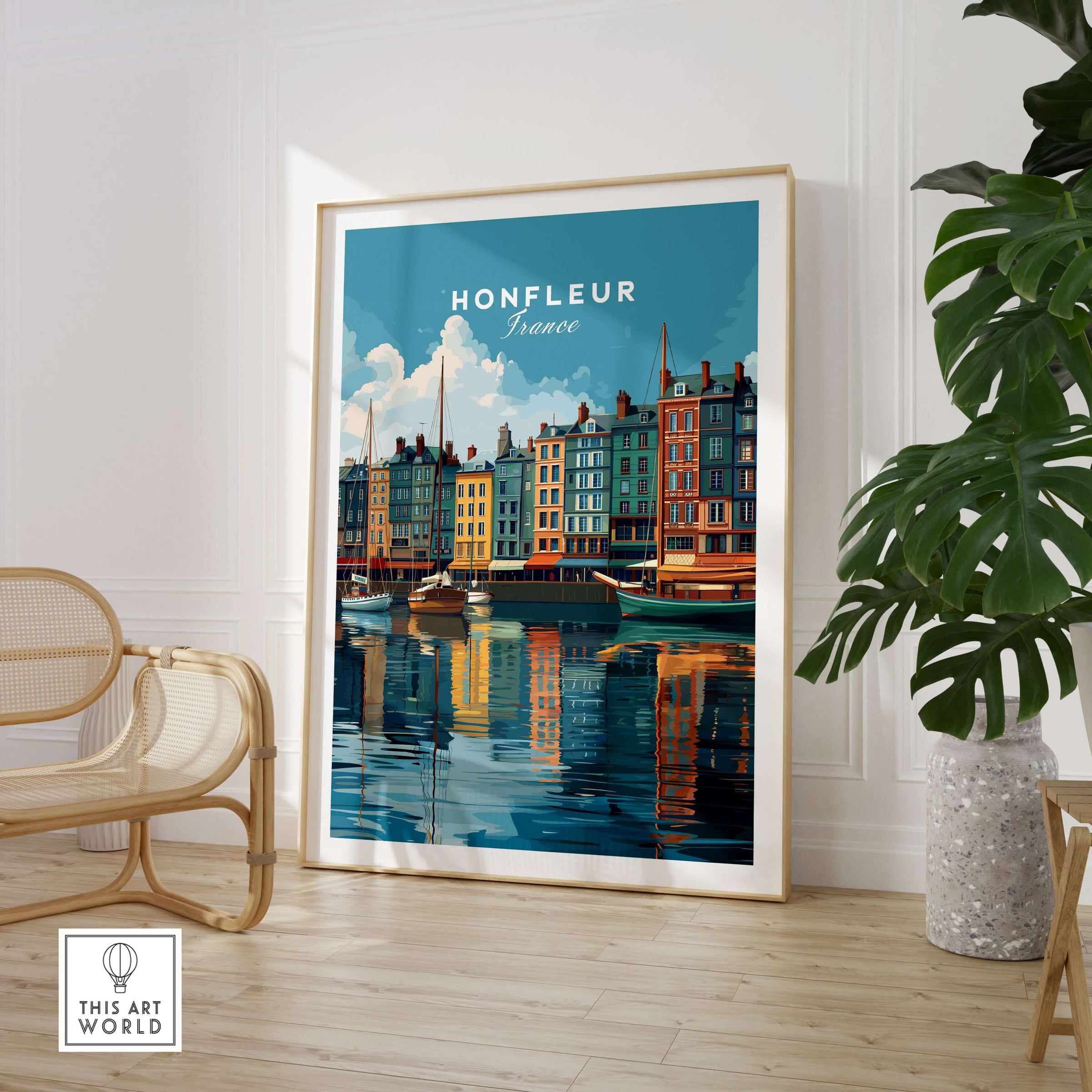 Honfleur Art Print - French Harbor Poster - Normandy Coastal Decor displayed in a stylish living room with greenery.