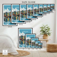 Honfleur Art Print - French Harbor Poster - Normandy Coastal Decor size guide showing various frame options.