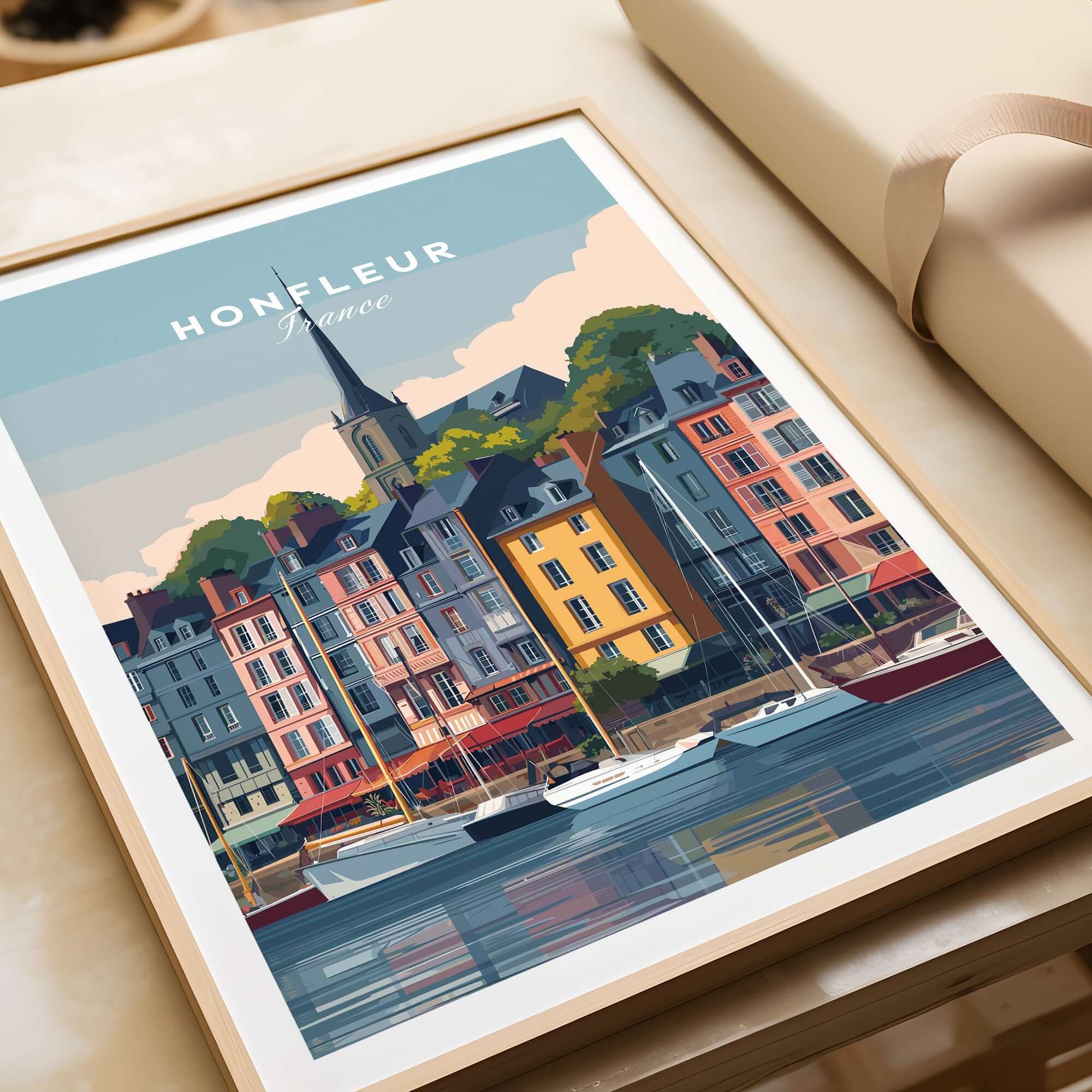 Honfleur Poster - French Harbor Town Wall Art - Boating Scene Print featuring vibrant harbor buildings and boats.
