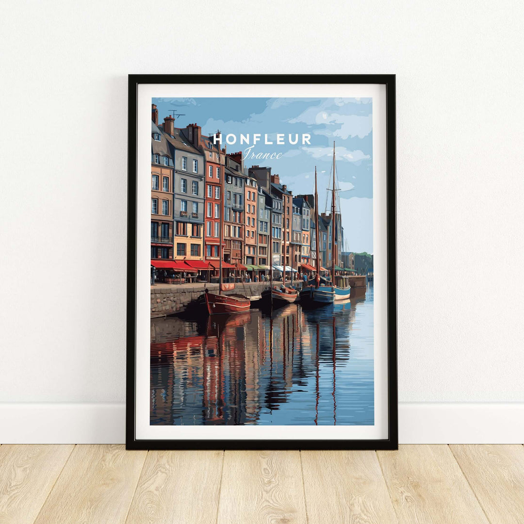 Honfleur art print featuring colorful buildings and boats reflecting on water in a French port town.