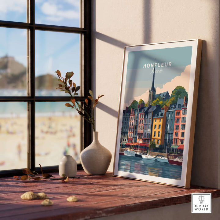 Honfleur poster in a stylish frame showcasing a vibrant French harbor scene with boats and colorful buildings.