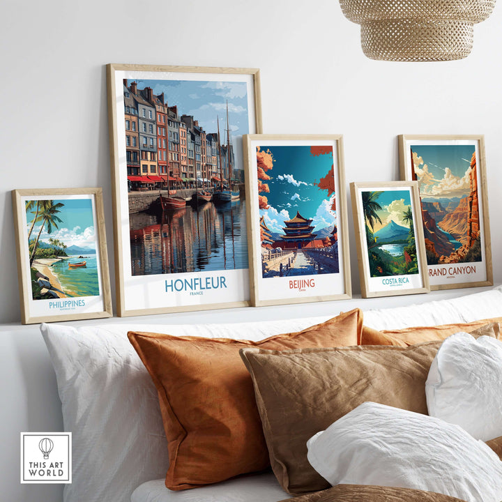 Gallery of travel posters including Honfleur, showcasing boats and buildings, adding coastal charm to home decor.