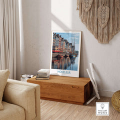 Honfleur Poster - Normandy France Travel Print - Boats and Buildings Wall Art displayed in a cozy living room setting.