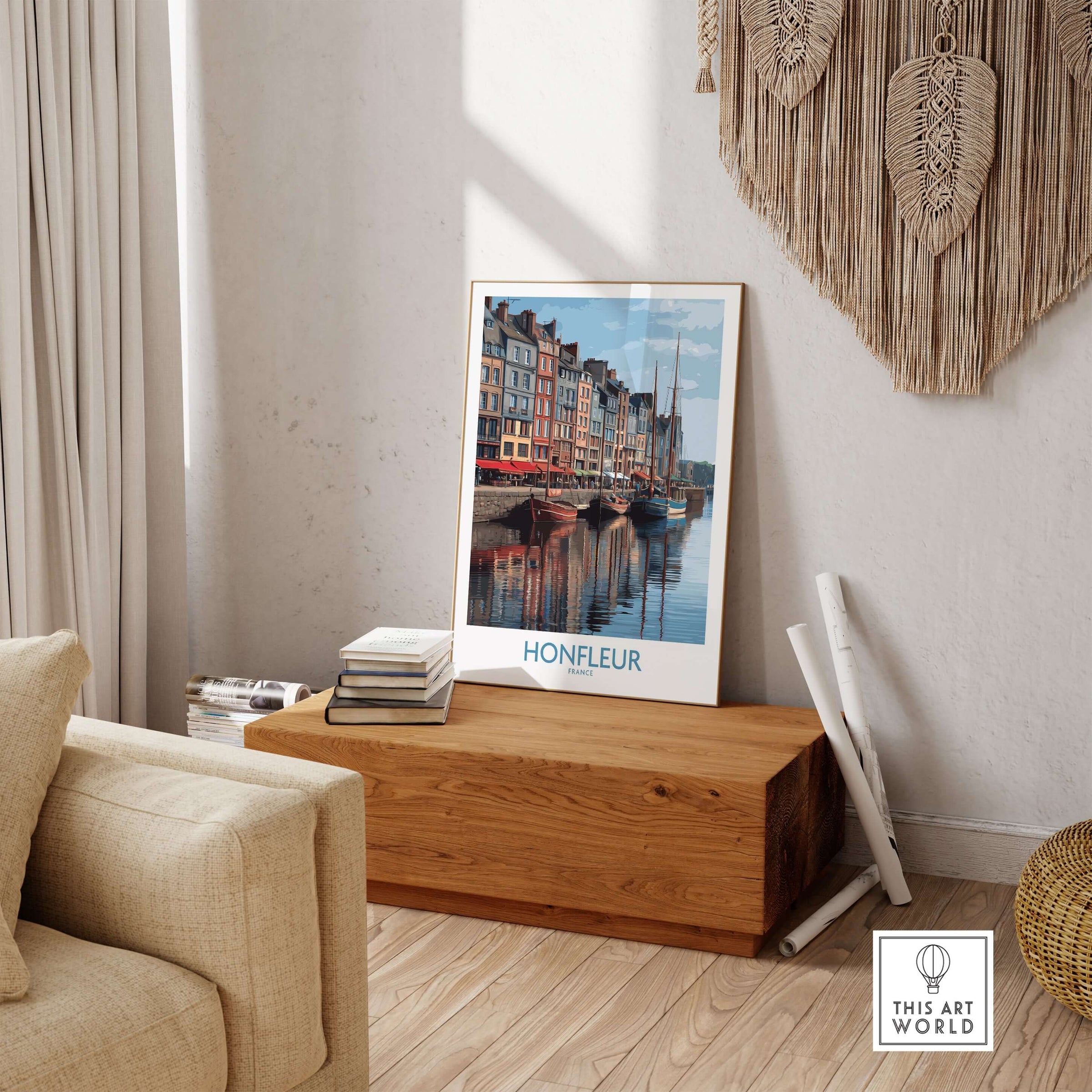 Honfleur Poster - Normandy France Travel Print - Boats and Buildings Wall Art displayed in a cozy living room setting.