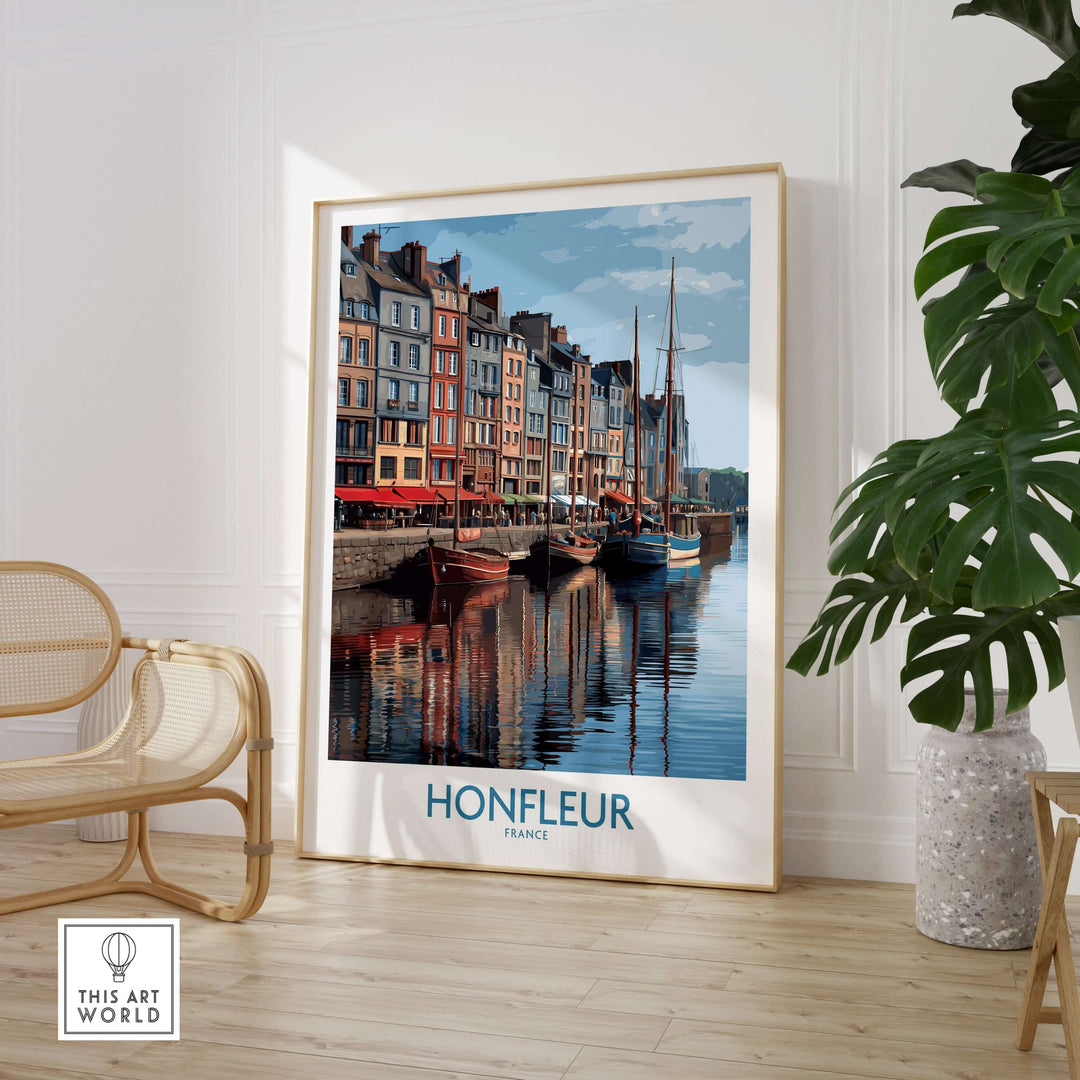 Honfleur poster capturing boats and historic buildings in Normandy, France, displayed in a stylish interior.