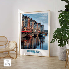 Honfleur Poster - Normandy France Travel Print - Boats and Buildings Wall Art displayed in a cozy living room setting.