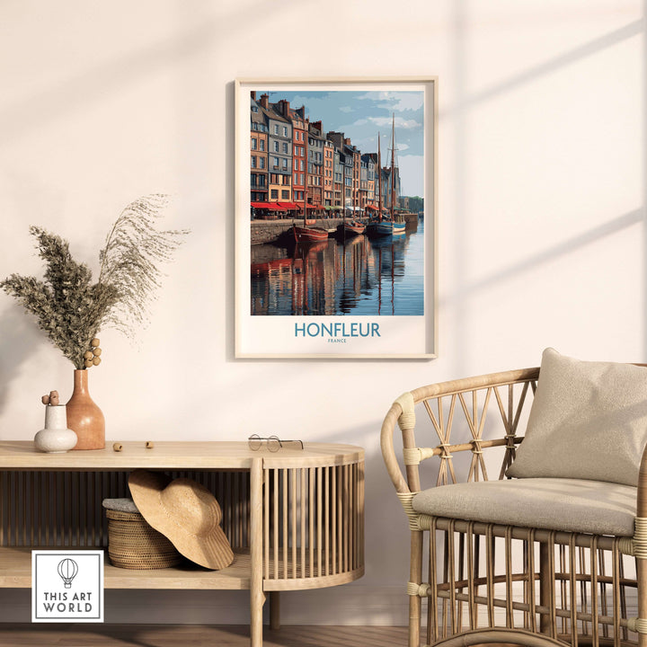 Honfleur poster showcasing picturesque boats and historic buildings in Normandy, France, displayed in stylish home decor.