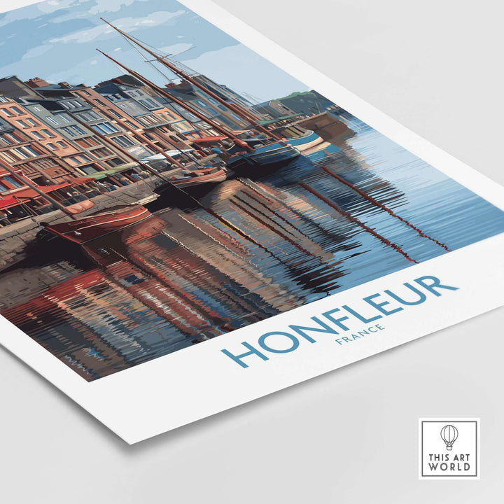 Honfleur poster featuring boats and historic buildings reflecting in water, decorative wall art from Normandy, France.