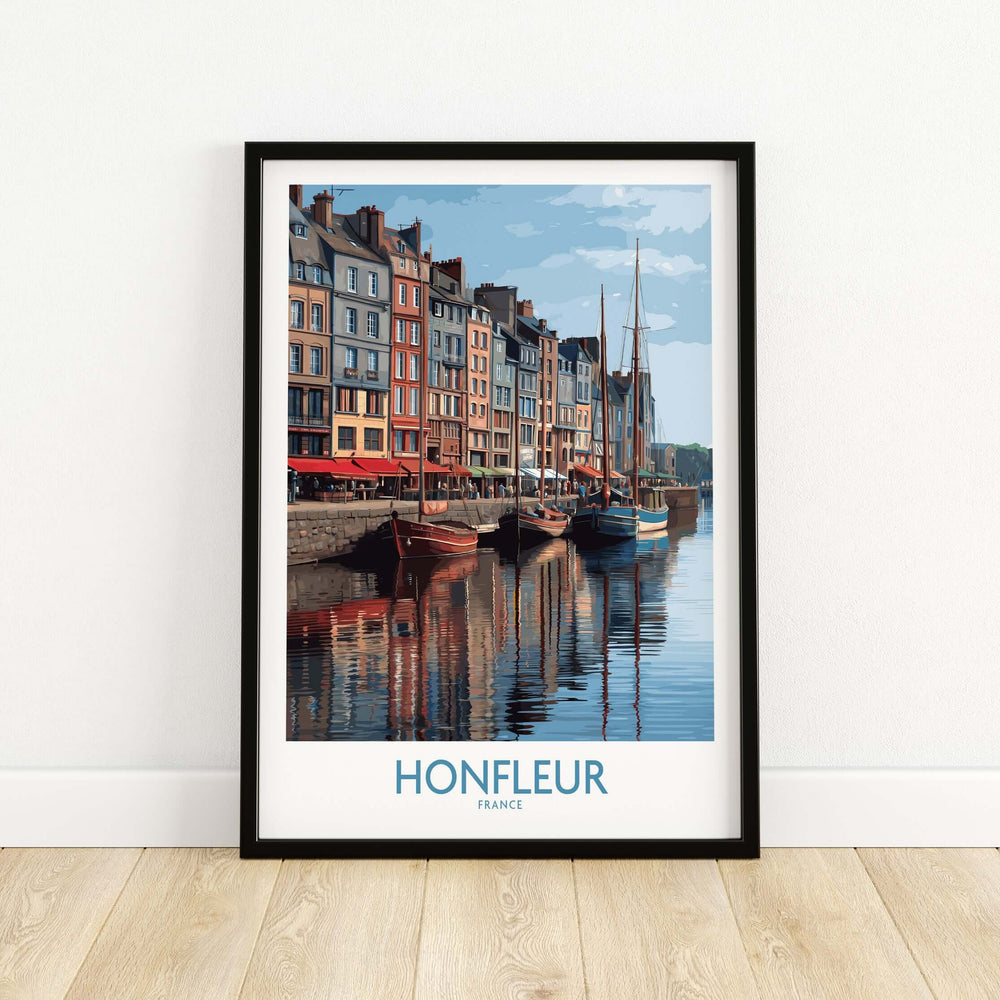 Honfleur poster featuring colorful buildings and boats reflecting in the harbor water, Normandy, France wall art.