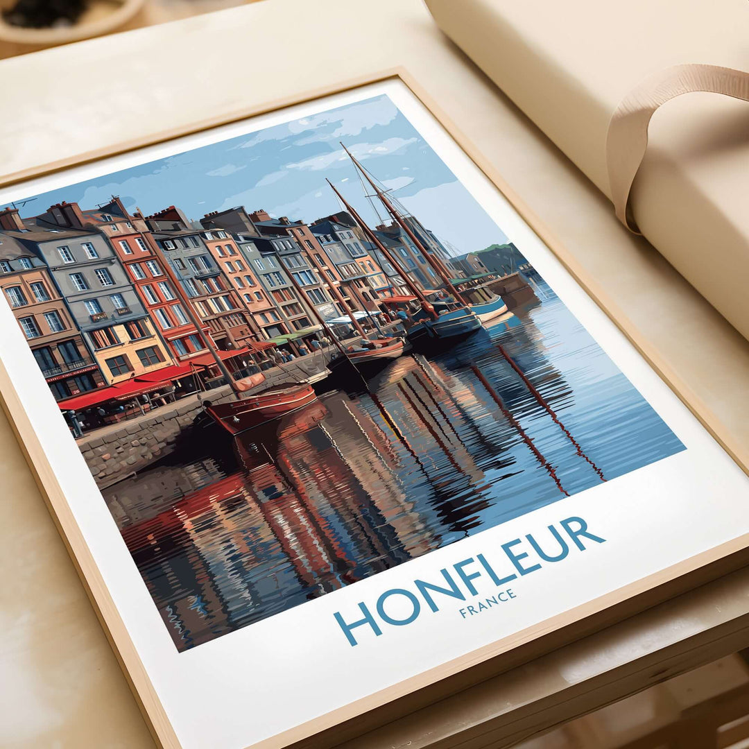 Honfleur poster showcasing boats and colorful buildings by the water, perfect for Normandy travel decor.