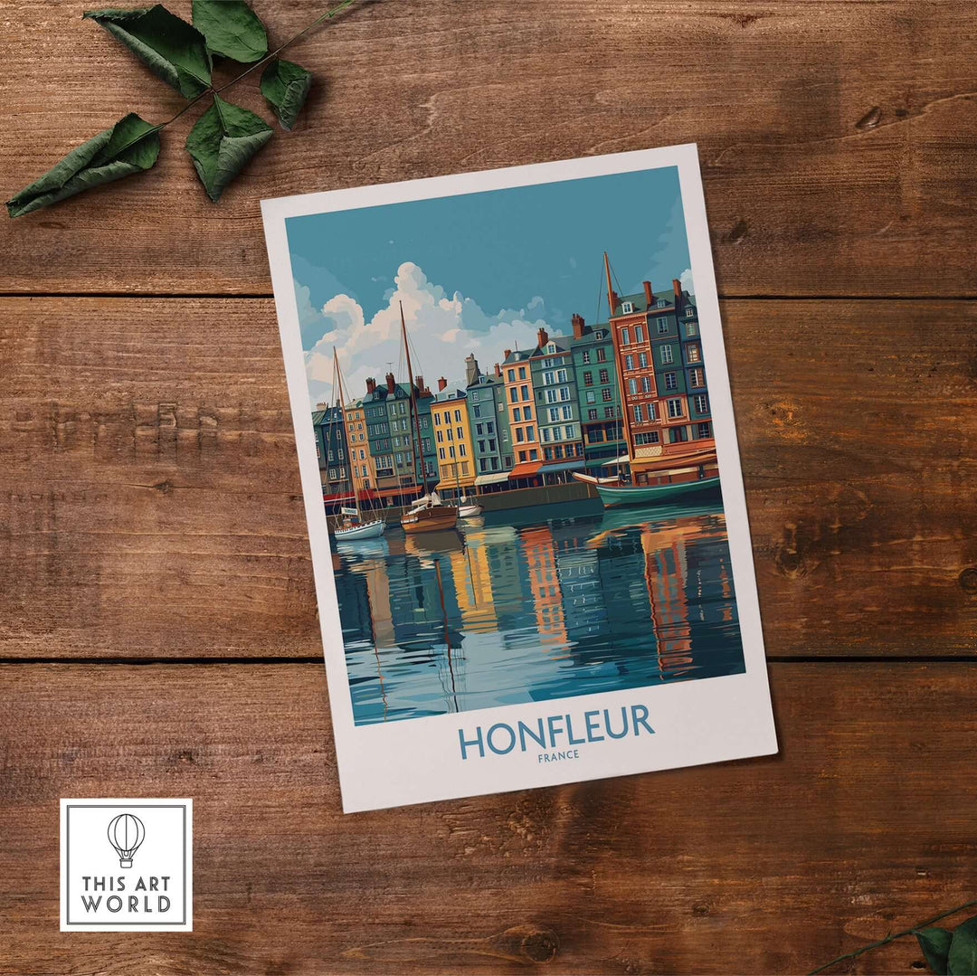 Honfleur Old Port poster featuring vibrant buildings and water reflections, ideal for coastal decor.