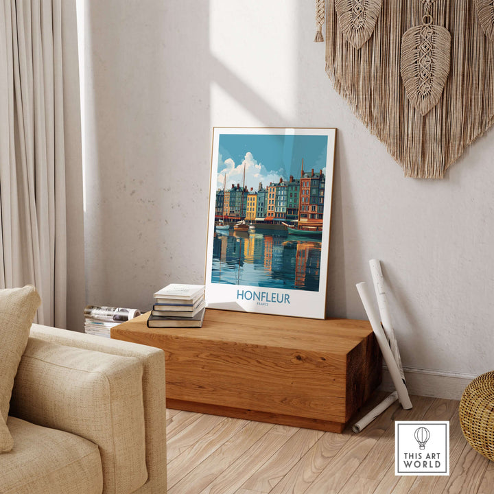 Honfleur Old Port travel poster displayed in a cozy living room, featuring stunning water reflections and historic architecture.