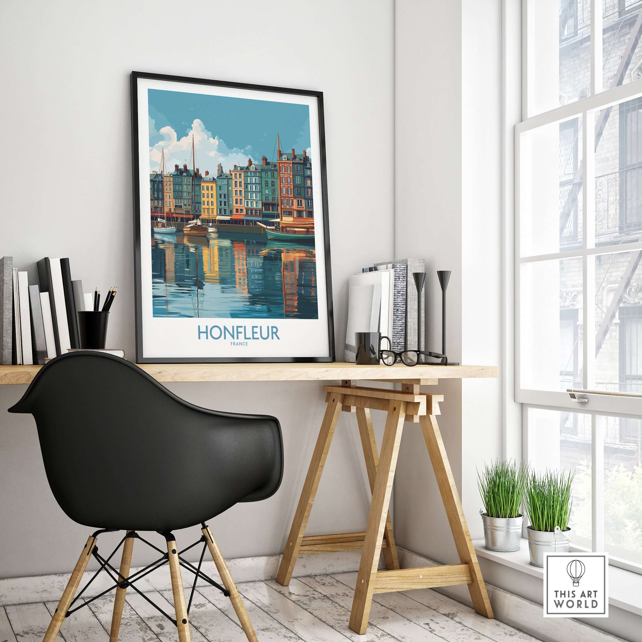 Honfleur Old Port Poster - France Travel Print - Water Reflection Wall Art displayed in a stylish home office setting.