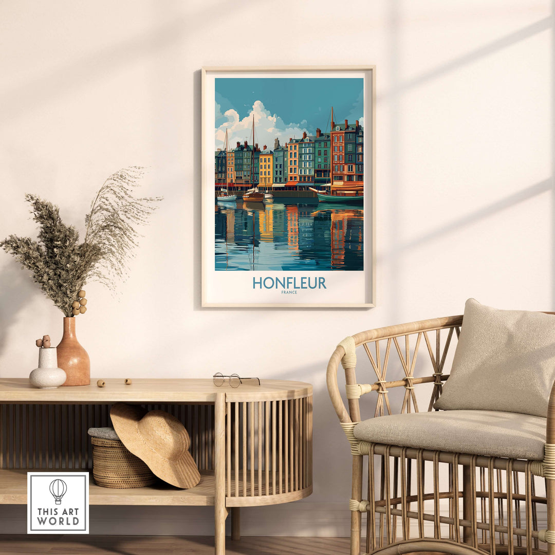Framed Honfleur Old Port poster showcasing vibrant water reflections in a stylish living room decor.