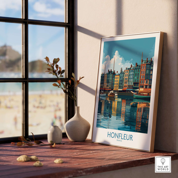 Honfleur Old Port poster framed on a window sill, showcasing vibrant coastal views and historic architecture.