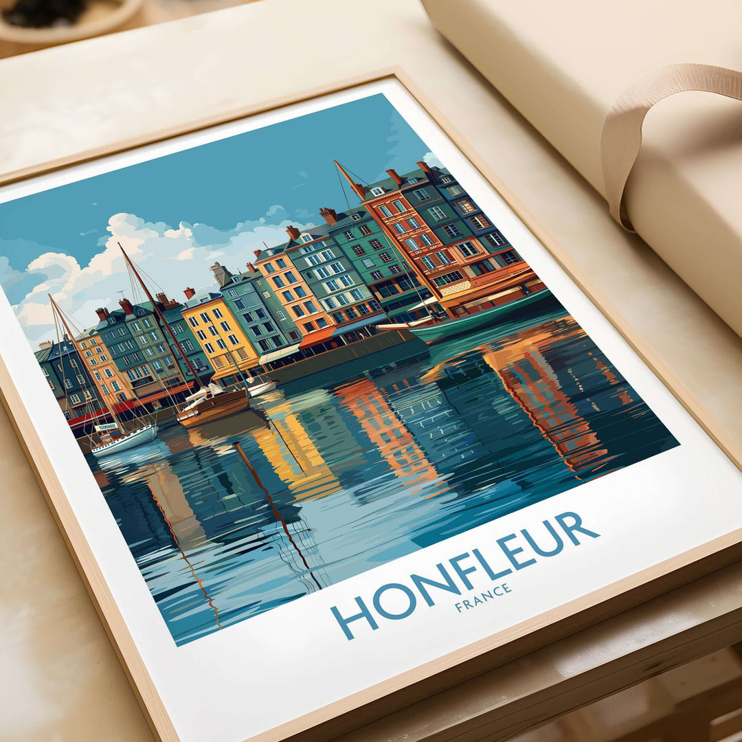 Honfleur Old Port poster showcasing vibrant buildings and water reflections, perfect for France travel art lovers.