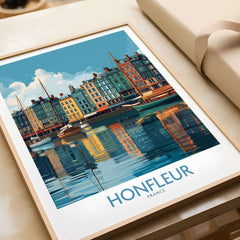 Honfleur Old Port Poster - France Travel Print - Water Reflection Wall Art displayed with vibrant colors and serene reflections.