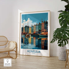 Honfleur Old Port Poster - France Travel Print - Water Reflection Wall Art showcasing beautiful watercolor reflections.