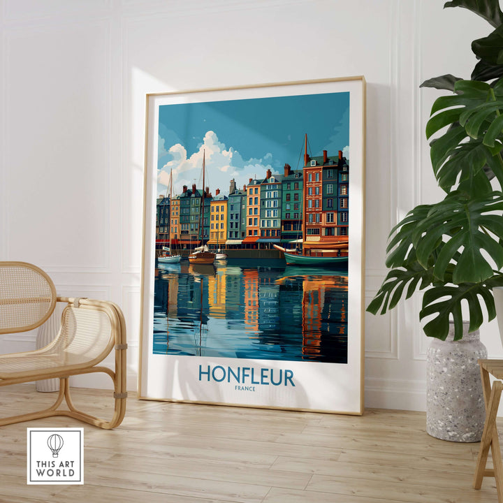 Honfleur Old Port poster featuring vibrant waterfront reflections and historic buildings in a stylish interior setting.
