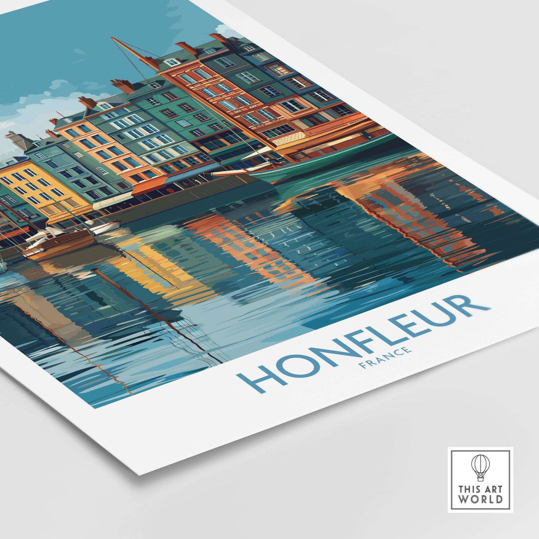 Honfleur Old Port poster featuring colorful buildings and water reflections, showcasing France's serene coastal beauty.