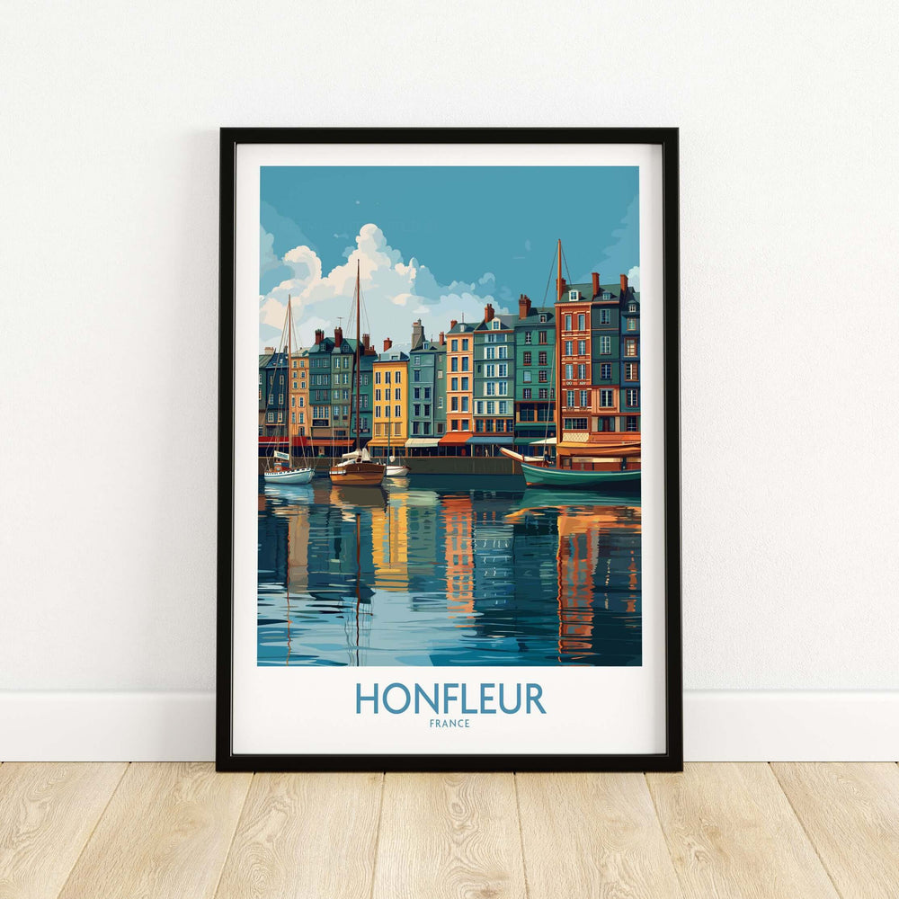 Honfleur Old Port poster featuring colorful buildings and water reflections, perfect wall art for travel enthusiasts.