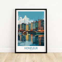 Honfleur Old Port Poster - France Travel Print - Water Reflection Wall Art showcasing vibrant buildings and serene water reflections.