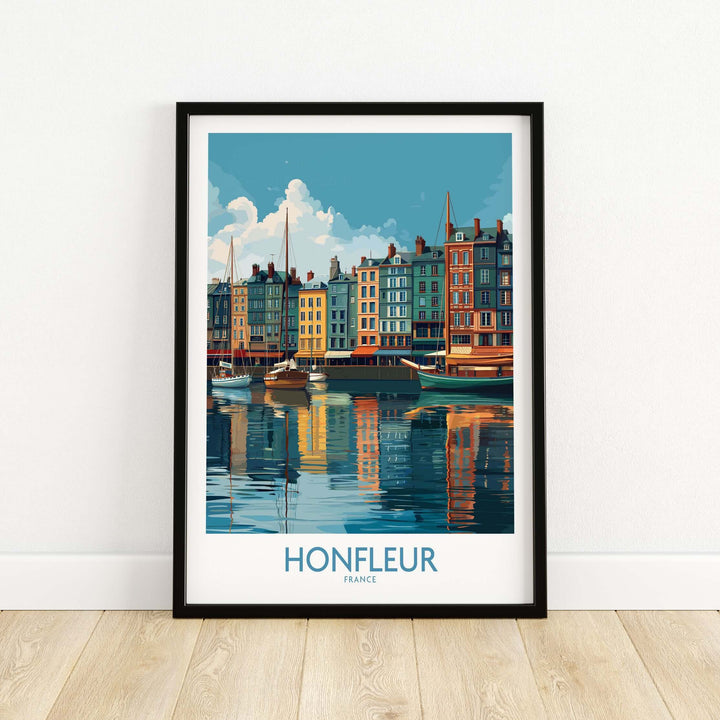 Honfleur Old Port poster featuring colorful buildings and water reflections, perfect wall art for travel enthusiasts.