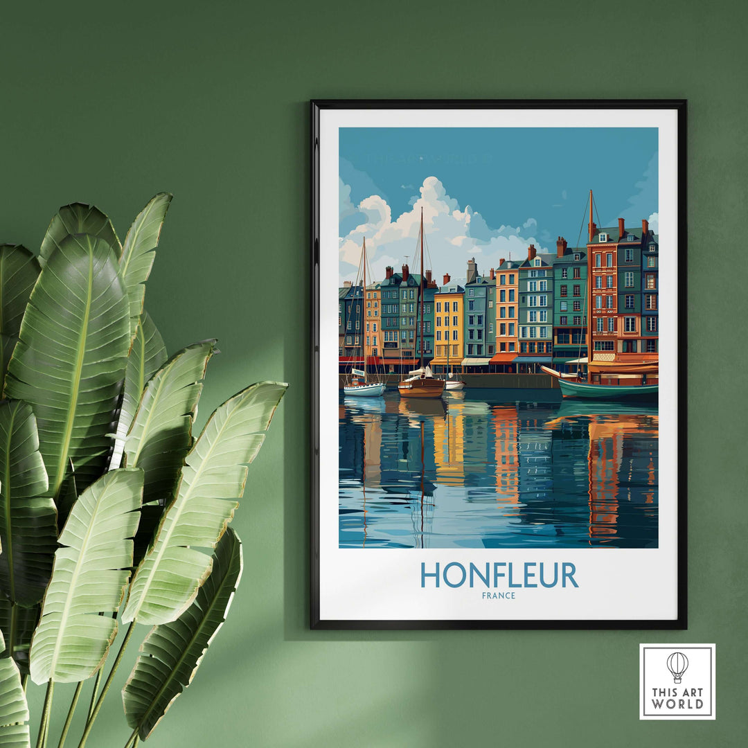 Honfleur Old Port poster featuring colorful buildings and water reflections, perfect for travel decor.