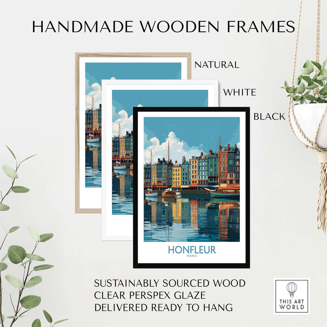 Handmade wooden frames in natural, white, and black for Honfleur Old Port art print, ready to hang.