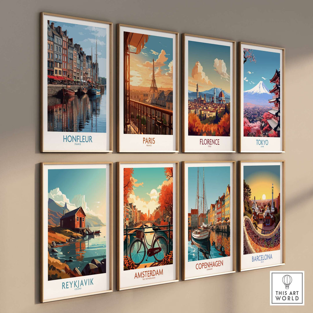 Gallery of travel posters featuring Honfleur, Paris, Florence, Tokyo, Reykjavik, Amsterdam, Copenhagen, and Barcelona.