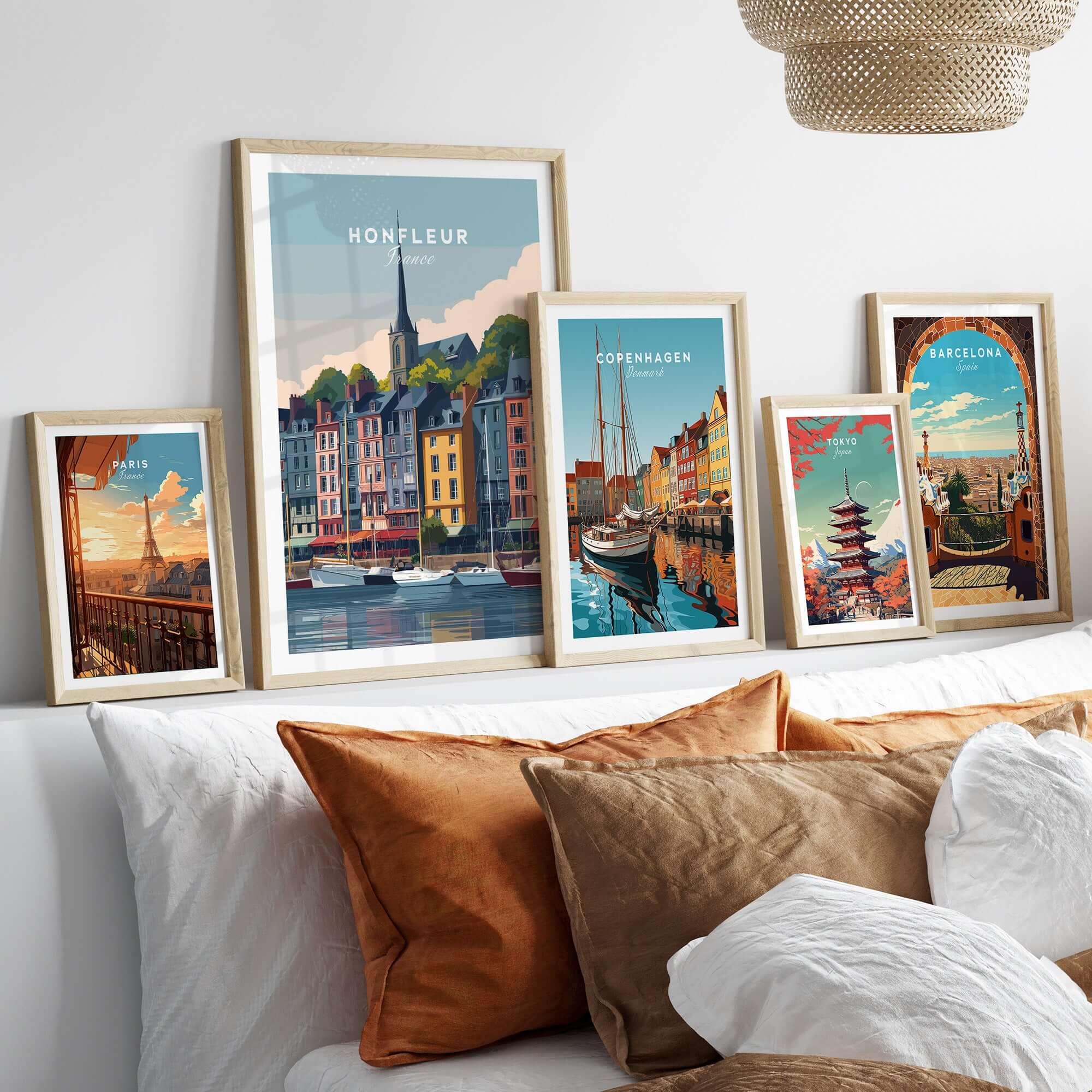 Honfleur Poster - French Harbor Town Wall Art - Boating Scene Print displayed in a stylish living room decor setting.