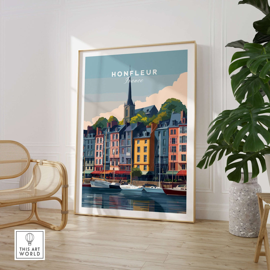Honfleur poster showcasing colorful buildings and boats in a French harbor, perfect wall art for coastal decor.