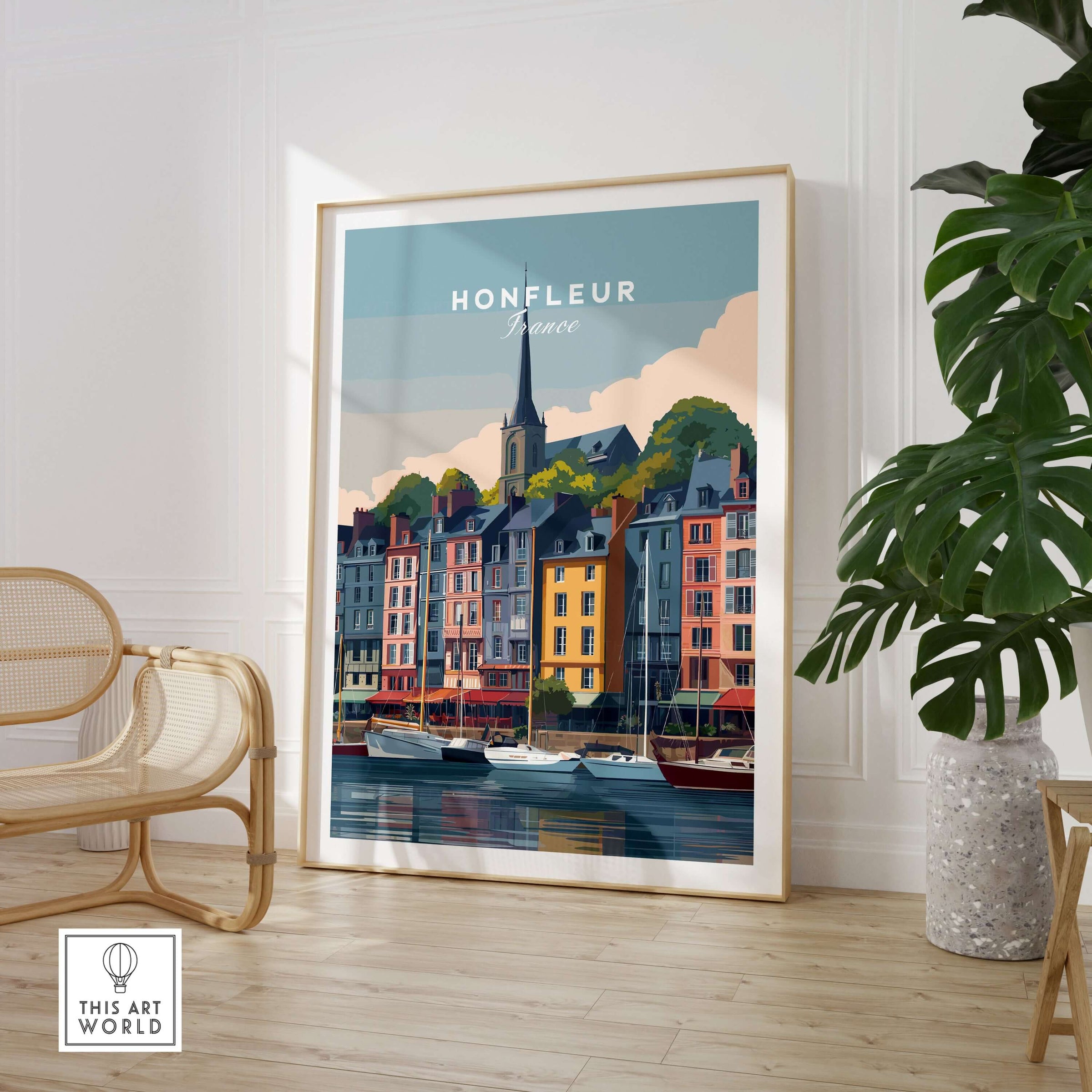 Honfleur Poster - French Harbor Town Wall Art - Boating Scene Print showcasing colorful buildings and boats.