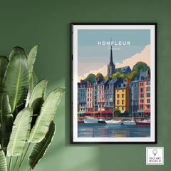 Honfleur Poster - French Harbor Town Wall Art - Boating Scene Print displayed in a framed setting with lush greenery.