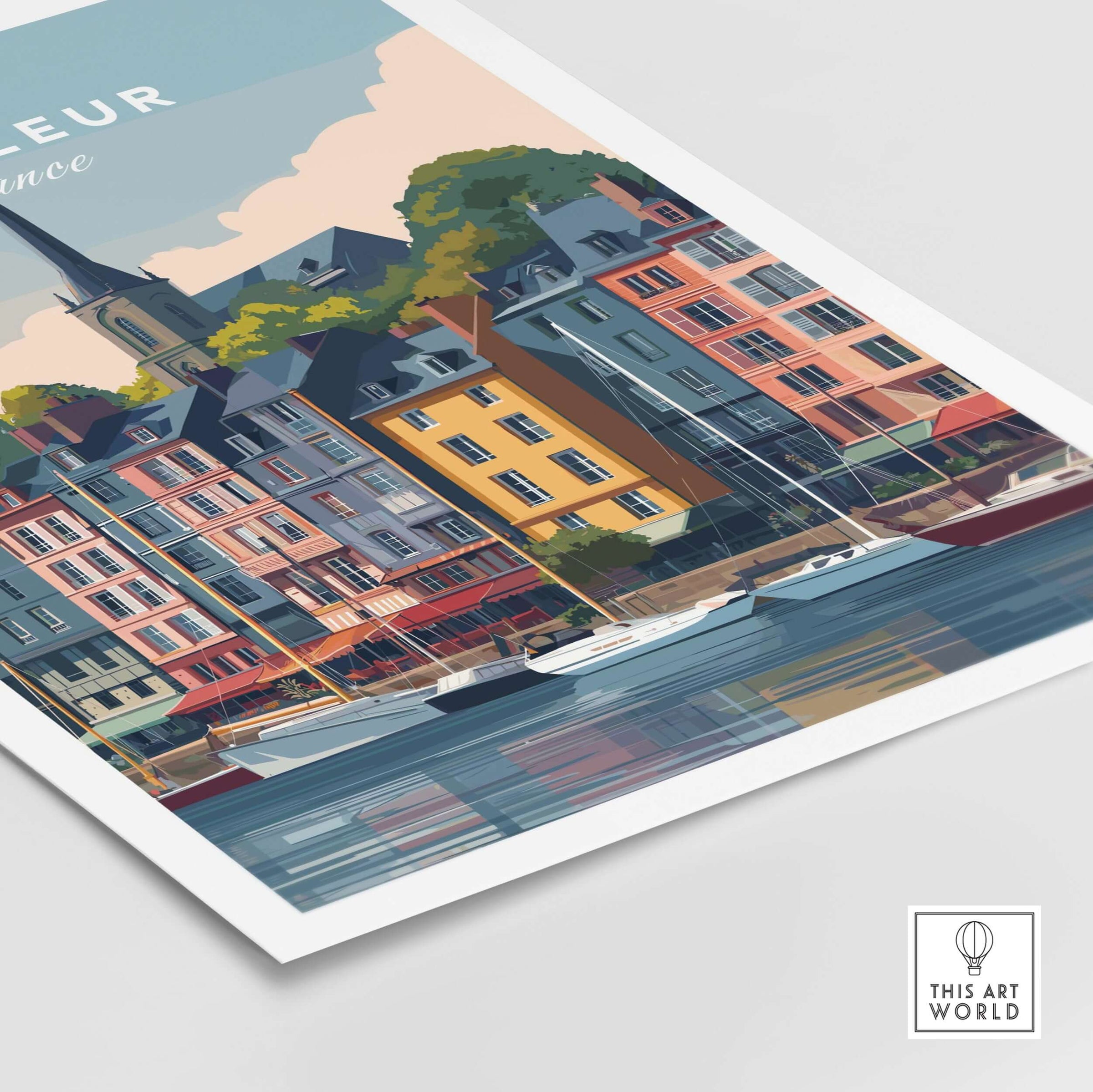 Honfleur Poster - French Harbor Town Wall Art - Boating Scene Print featuring colorful buildings and boats in the harbor.