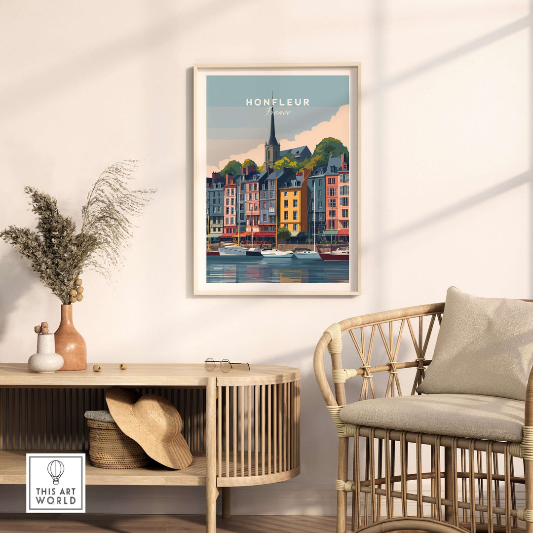 Honfleur poster featuring vibrant harbor buildings and boats, perfect for coastal decor in any space.
